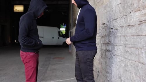 Drug dealer sells addictive narcotics to junkie on a dangerous city street