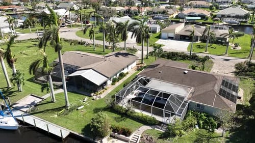 Drone shot of Cape Coral town in Florida in aftermath of Hurricane
