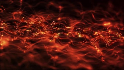 Glowing abstract fire fibers moving dynamically with flowing orange light waves on a dark background
