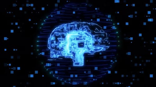 AI Brain High Technology Background, Artificial Intelligence Neon Brain Animation With Computer Data