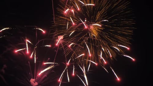 Imagens amplas de fogos de artifício no céu noturno, adequadas para celebrações de 4 de julho ou Ano Novo. Câmera lenta