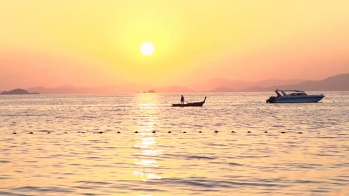 Local Person on Boat Sailing on Sea During Sunset in Thailand, Super
