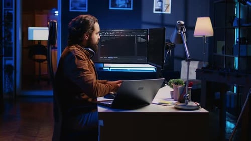 Software Technician Typing Code in Neon Lit Personal Office