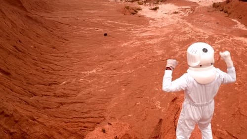 An Astronaut Celebrating Victory Stands on a Hill Near the Edge of the Crater