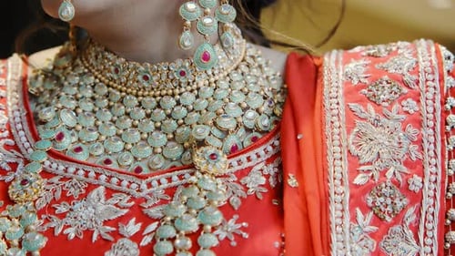 Woman's Extravagant Jewelry and Embroidered Red Dress