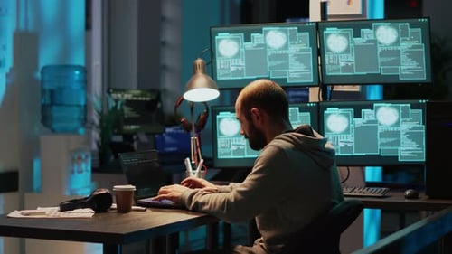 Un ladrón de programación celebra el éxito del hackeo en la oficina por la noche