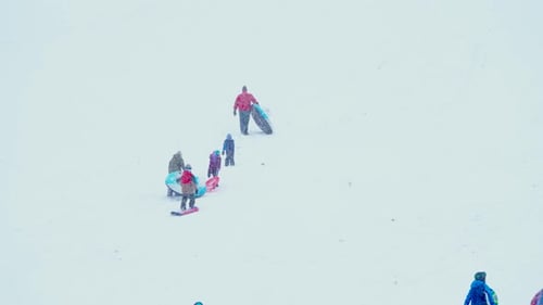 Kids walking up the side of a snow covered hill pulling their sleds.