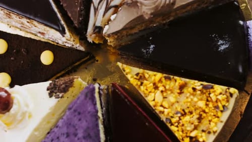 Zehn Arten von Kuchen auf einem goldenen Tablett und auf einem Holztablett mit Dekorationen