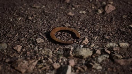 Rustic Metal Horseshoe on Dirt Ground Close-Up