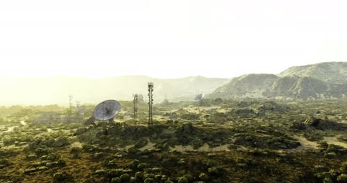 Futuristic Communication Network with Satellite Dishes in Arid Landscape