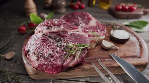 Raw Seasoned Steaks on a Rustic Wooden Board