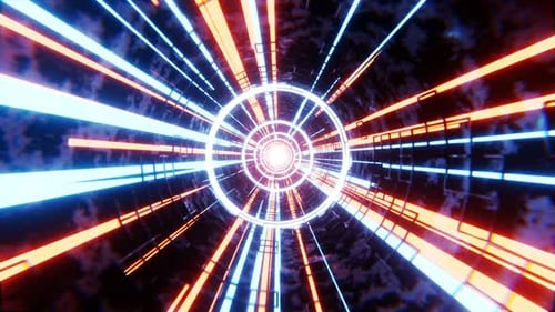 Colorful futuristic tunnel in virtual reality. Time travel through glowing rays