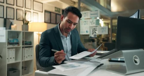 Busy, office and businessman checking watch with deadline, pressure and overtime with paperwork