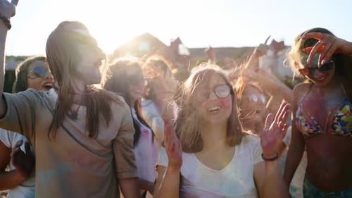 Cheerful People Celebrate Holi Festival Stained in Colored Powder Friends Have Fun at Hindu Holiday