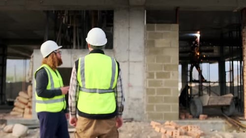 Two workers in vest and helmets chatting during a break at a construction site