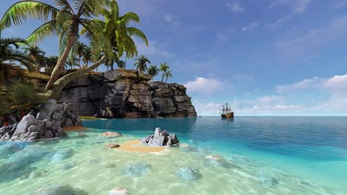 Sandy beach, palm trees and an old ship