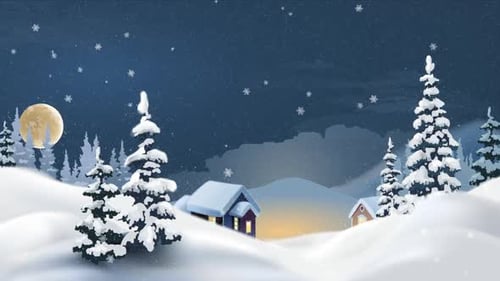 Animated Snowy Winter Landscape with Falling Snowflakes and Cozy Houses