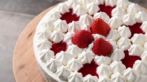 Strawberry Cream Cake on Wooden Board Still Life