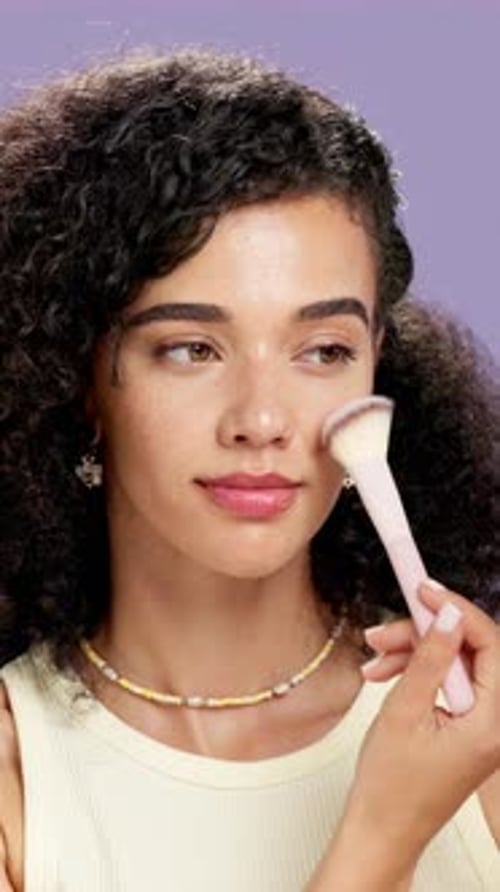 Makeup, makeover and woman with brush, studio and foundation application with equipment and process