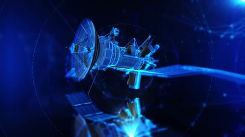 Futuristic Blue Satellite Rotating in Digital Network Wireframe