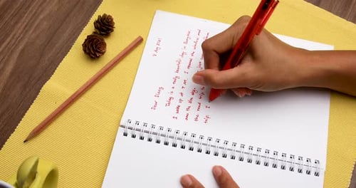 Handwriting a Diary with a Red Pen Overhead Shot Close Up of Woman's Hand.