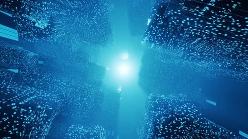 Flying through futuristic science fiction tunnel with flashing colorful lights
