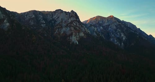 Bucegi Massif in Romania at dusk, aerial.