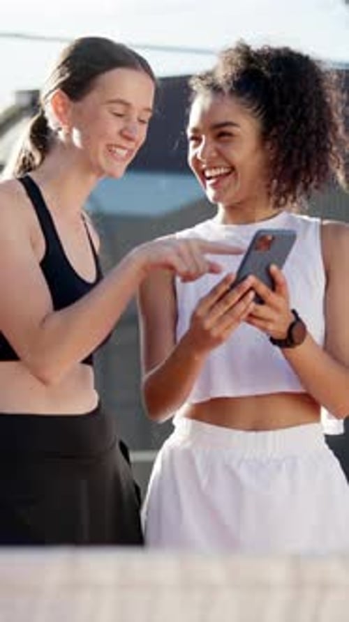 Women, friends and phone with laughing at tennis court for funny meme, point