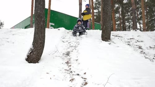 Mit Freunden im Winterwunderland den verschneiten Hügel hinunterrutschen