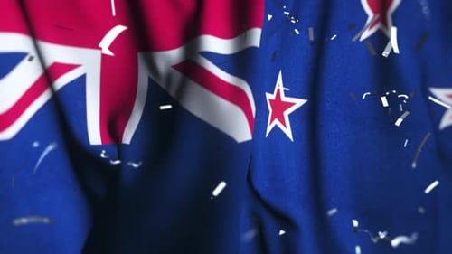 New Zealand Flag Waving with Falling Confetti Celebration