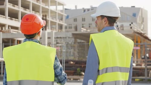 Professionelle Bauarbeiter stehen vor der Baustelle, dem Bürogebäude und dem Kran im Hintergrund