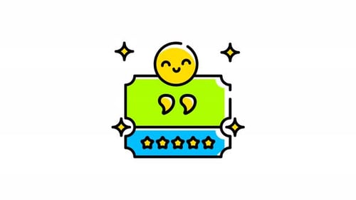 Smiling yellow emoticon is above five stars review and quotation marks animation video