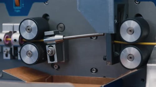 Maschine verarbeitet Material durch Walzen und überzeugt durch mechanische Präzision und Design