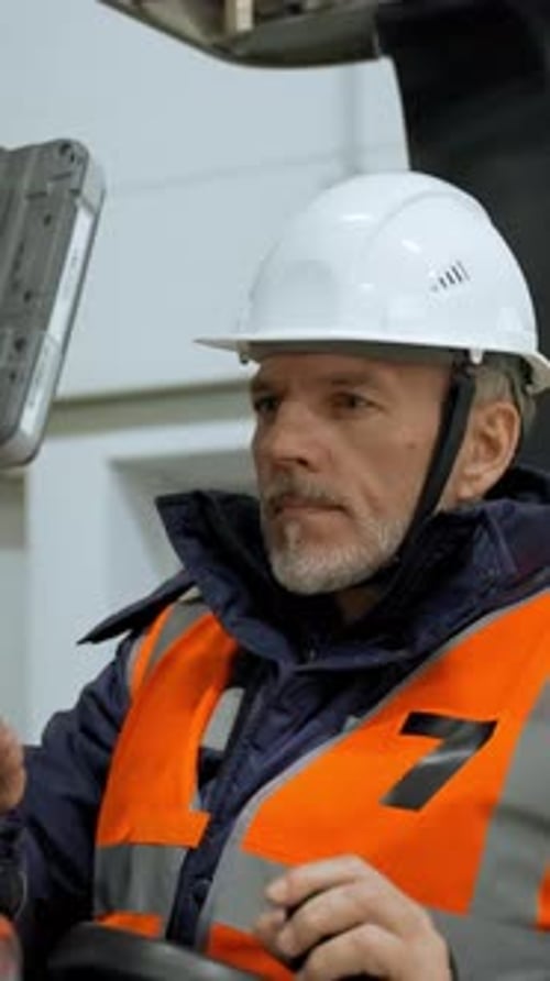 Vertical of Engineer Sits in Forklift Cabin Pushing Button on Monitor