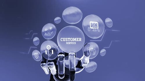 Tela digital, animação de ícone de atendimento ao cliente, fundo de conceito robótico 4K