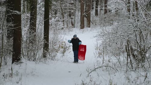 Boy Waves Hand Speaks and Carries Red Plastic Sled in Winter Forest