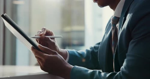 Pen, tablet and hands of businessman in office for website, research and online project