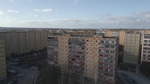 Drone shot of nine floor soviet architecture houses in Tartu Estonia