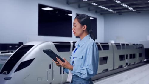 Woman Using Tablet Computer in front of Modern Train