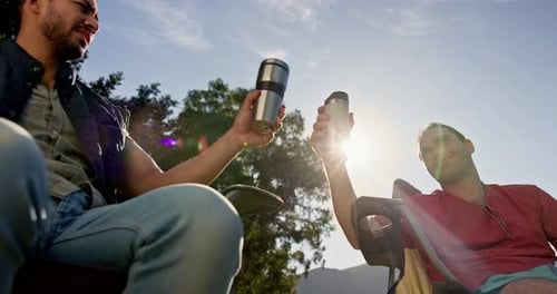 Camping, cheers and friends with coffee in nature for holiday, vacation and adventure in woods