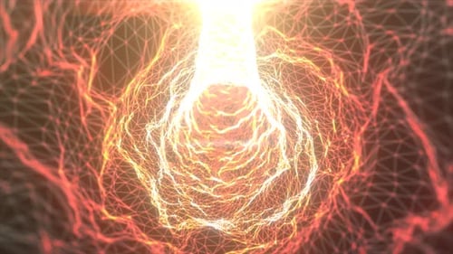 Glowing red-orange geometric energy tunnel with dynamic light streaks