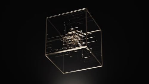 Intricate Golden Cube Sculpture in Dark Background