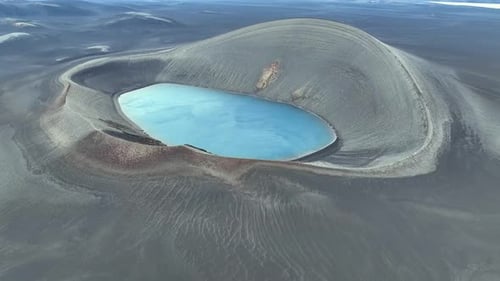 Aerial view of lake in crater, Iceland.