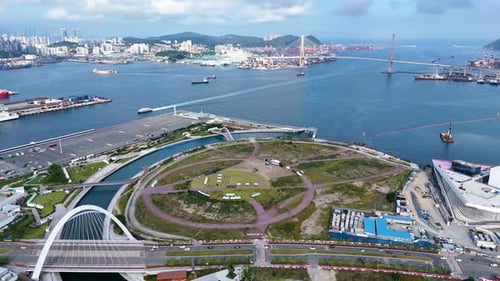 Aerial view of Busan Port and Busan Harbor Bridge, South Korea.