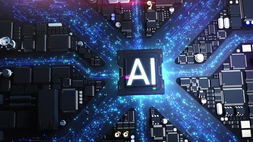 stylized city consisting of chips and computer components on a printed circuit board