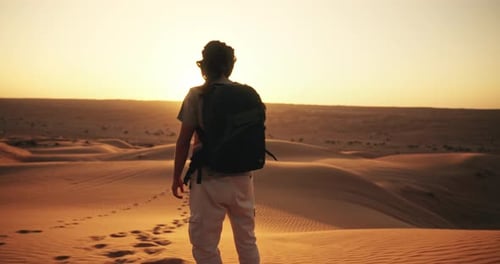 Person standing in the desert at sunset – cinematic aerial shot