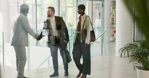 Handshake, meeting and business people in office for greeting, welcome or partnership