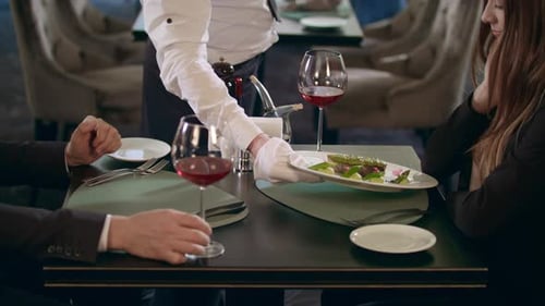Waiter Serving Food for People in Restaurant. Couple Wating Dishes in Restaurant