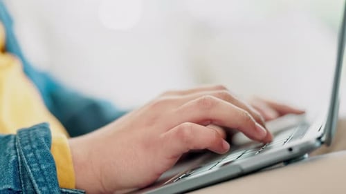 Student, hands typing and computer for online education, university research and information