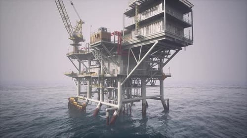 Old Oil Platform Standing in Calm Waters Under a Cloudy Sky at Dawn